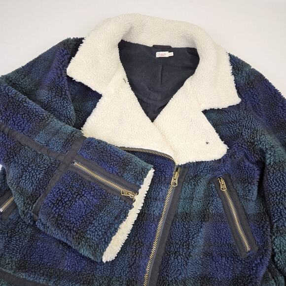 Faherty Montana Faux Shearling Coat Plaid Asymmetric Zip Moto Blue Sherpa XL - Picture 16 of 16